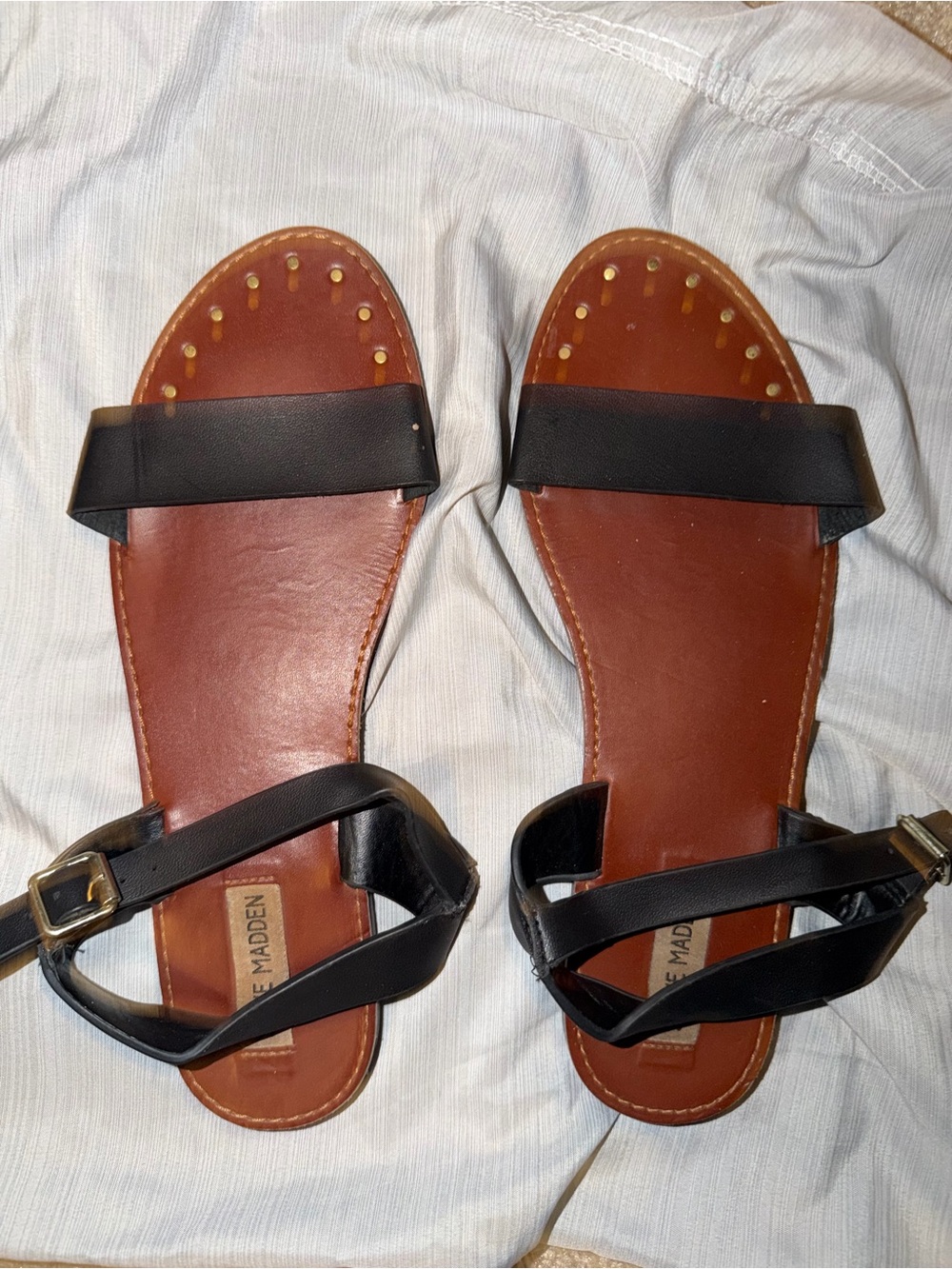 Steve Madden Black Leather Ankle-Strap Flat Sandals